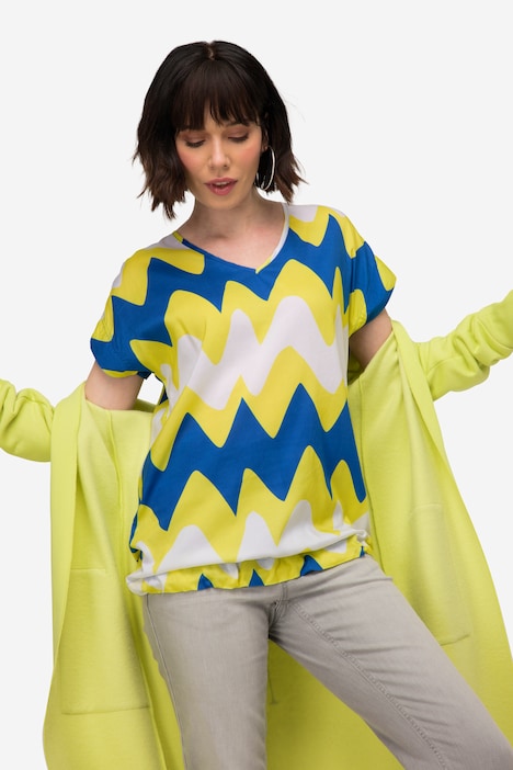 Bluse, oversized, Zackenmuster, V-Ausschnitt, Halbarm