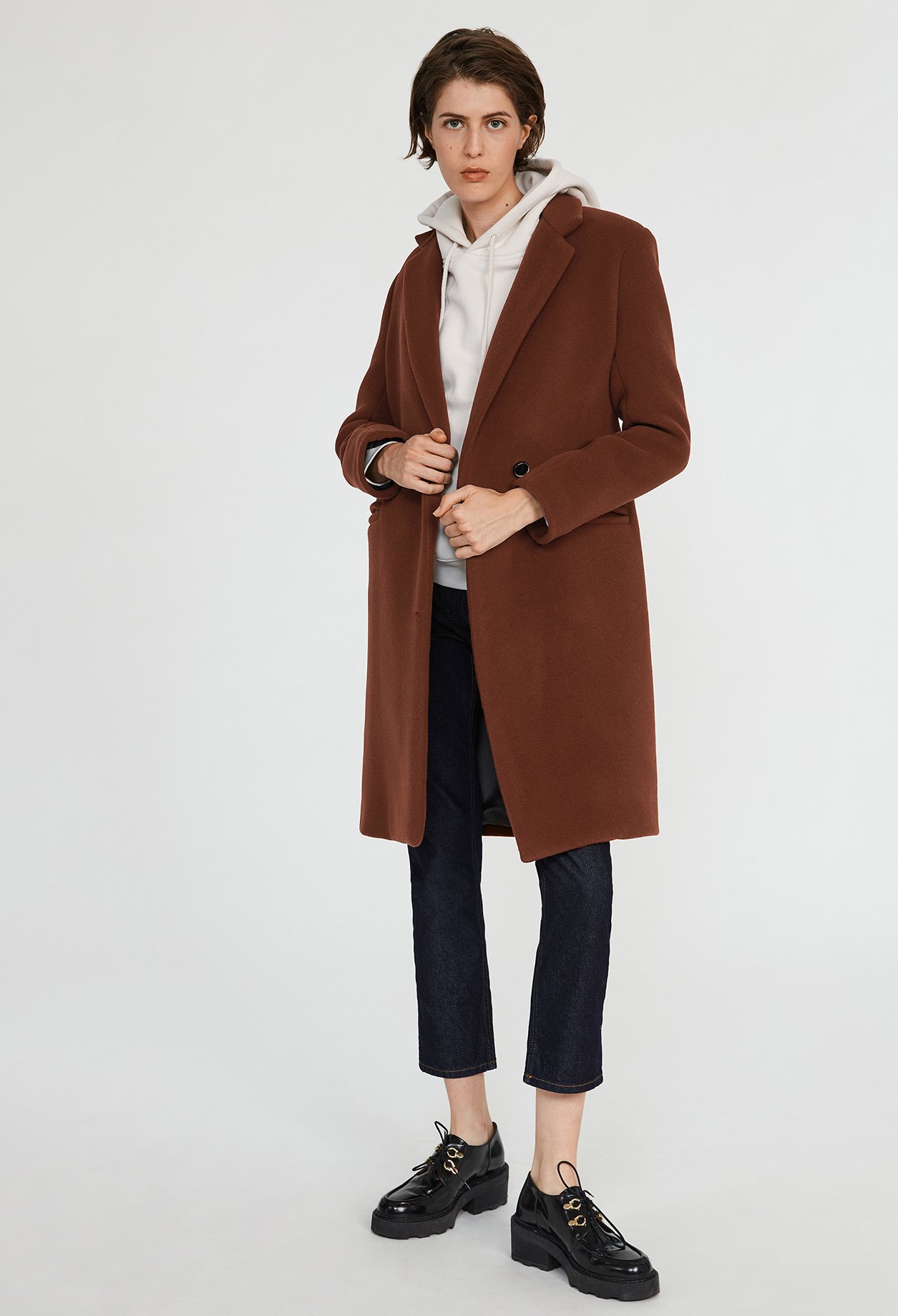 Manteau marron mi-long laine melangee