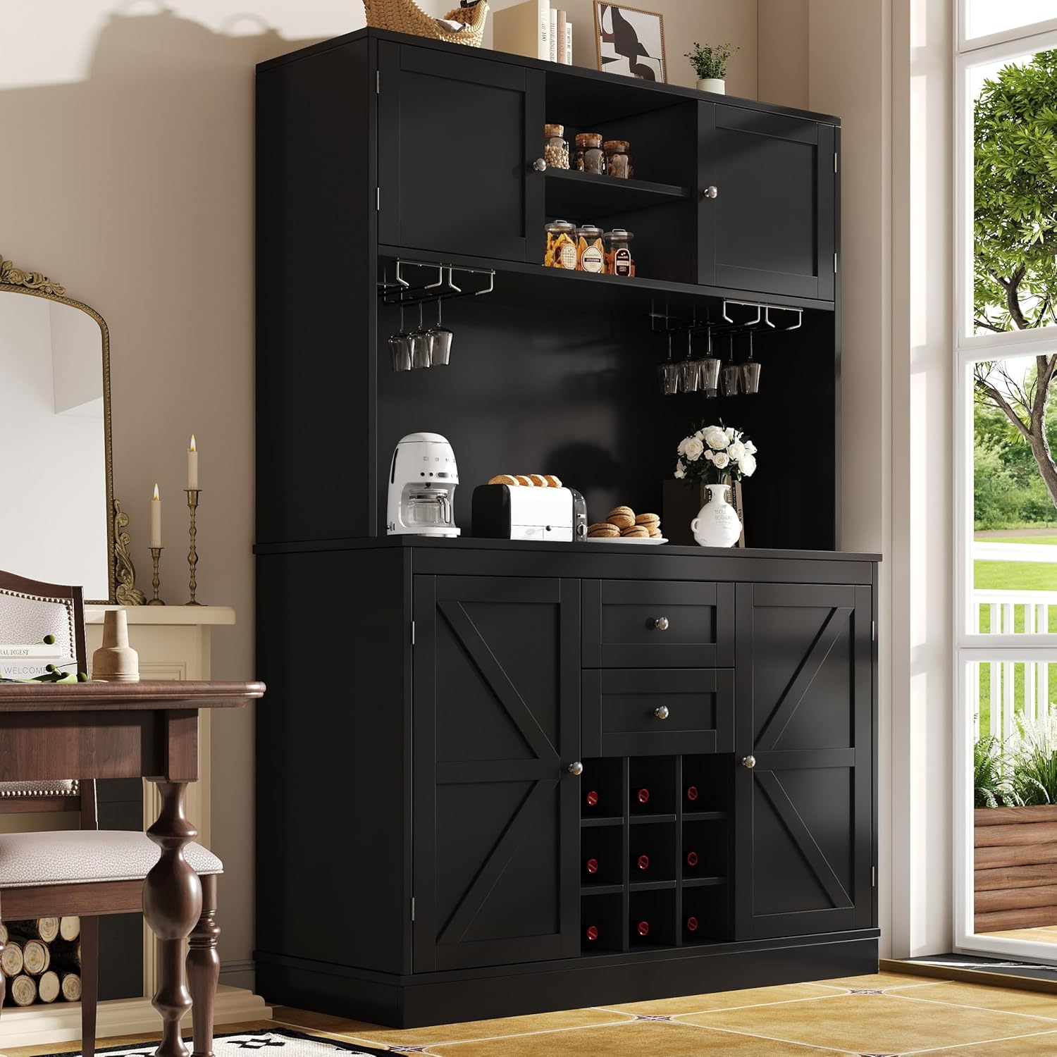 Küchenschrank mit verstellbaren Ablagen & Weinregal, Hochschrank Küchenbuffet mit 4 Türen & 2 Schubladen, Sideboard für Küche & Wohnzimmer, Buffetschrank, Schwarz