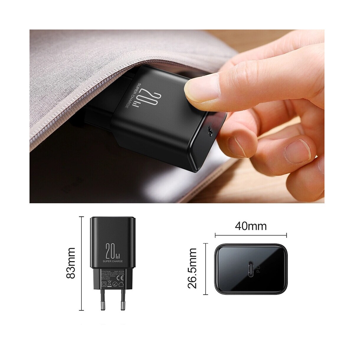Wandladegerät USB C 20W PD Joyroom Ladegerät – Schwarz ohne Ladekabel