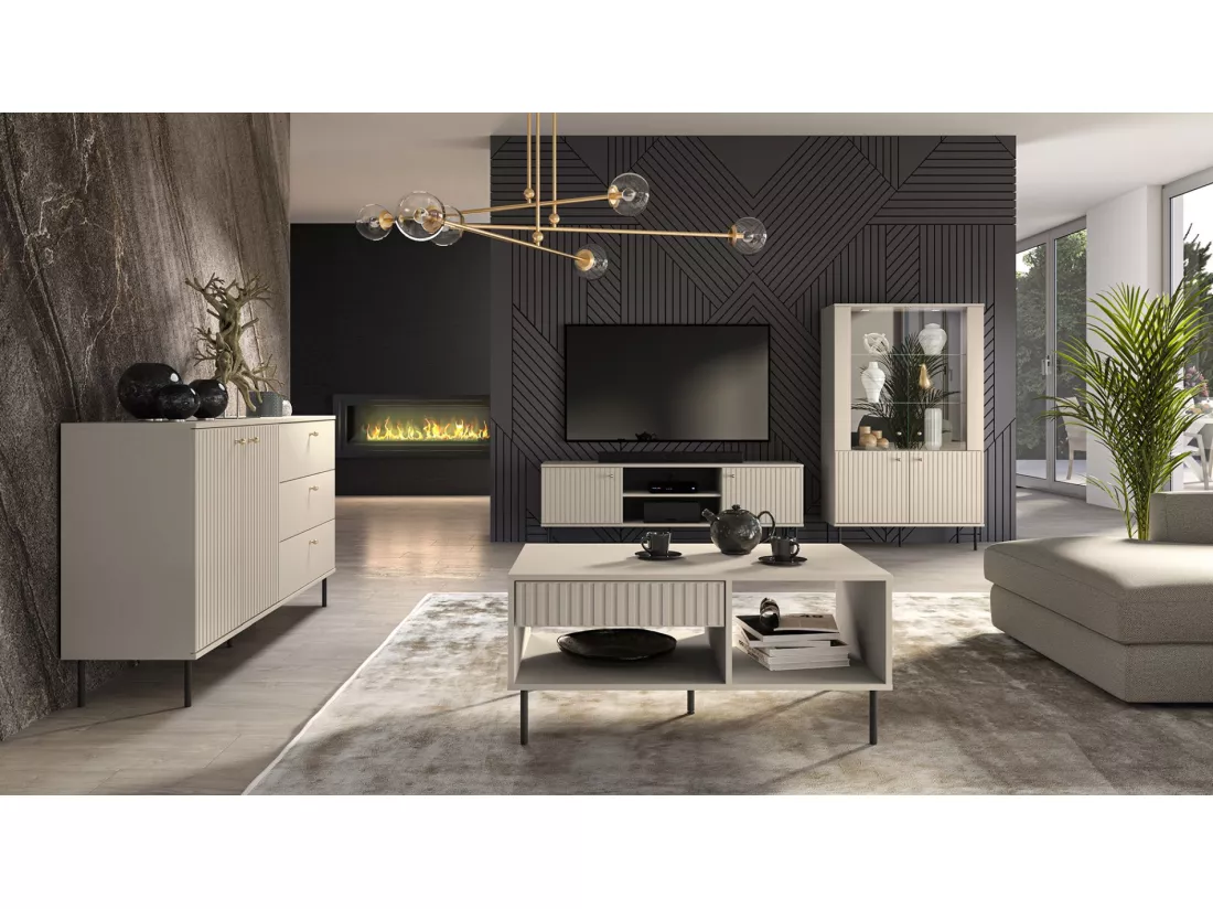 Meuble TV - 2 portes avec lamelles - 160 cm - beige - CALETTO