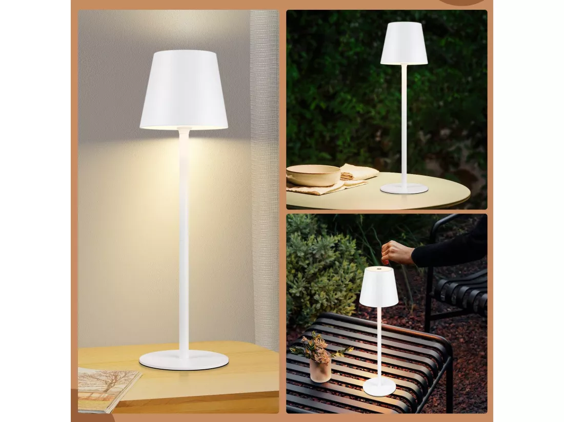 Nettlife Lampe de chevet sans fil, LED 2600mAh, lampe de table extérieur rechargeable, tactile, blanche, avec prise USB