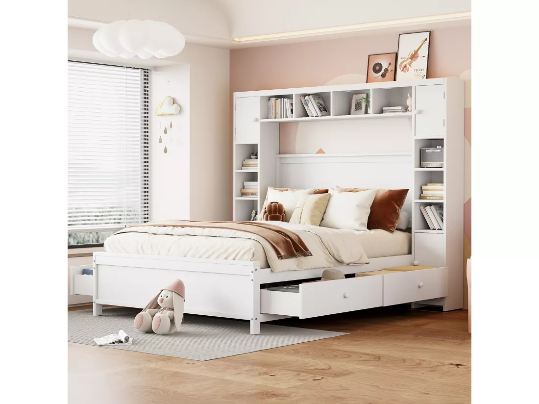 Lit 140 x 200 cm avec 4 tiroirs et rangement - Bois massif - Décor blanc - CONAN