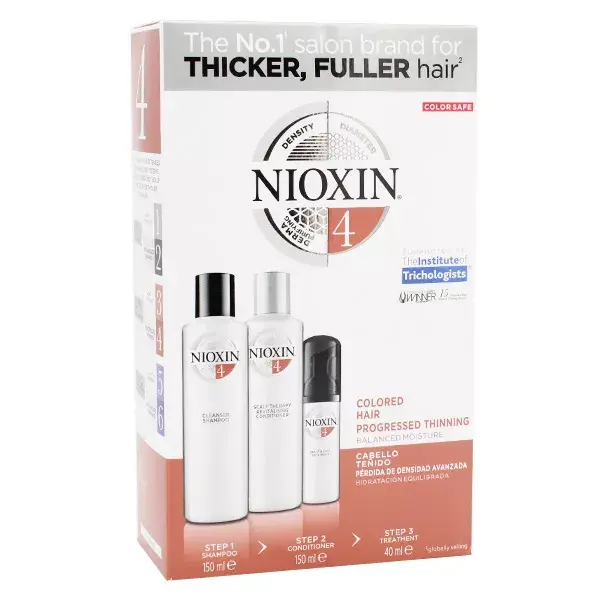 Kit Nioxin de 3 partes para cabelos muito finos e coloridos.