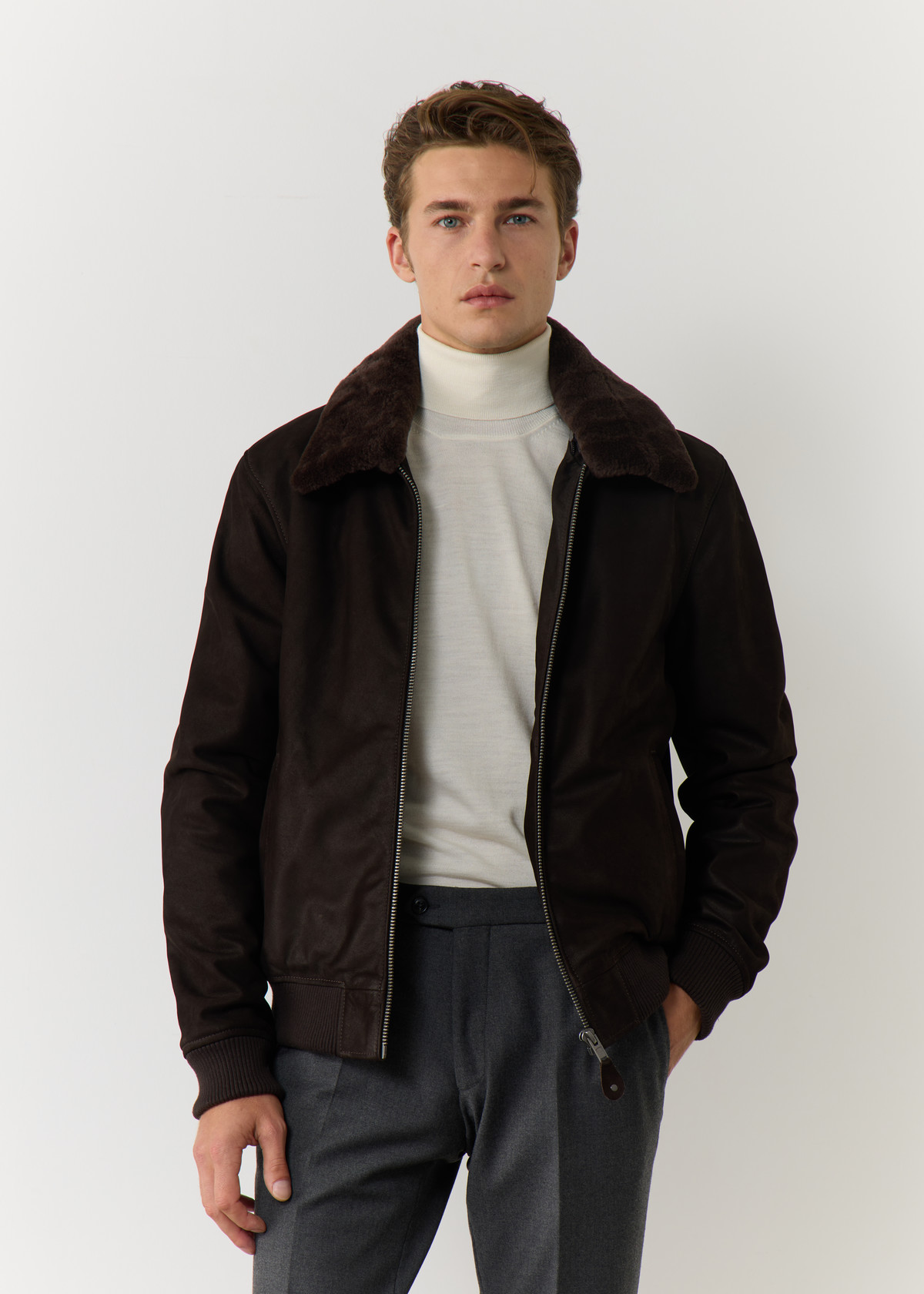 Blouson en cuir nubuck uni chocolat