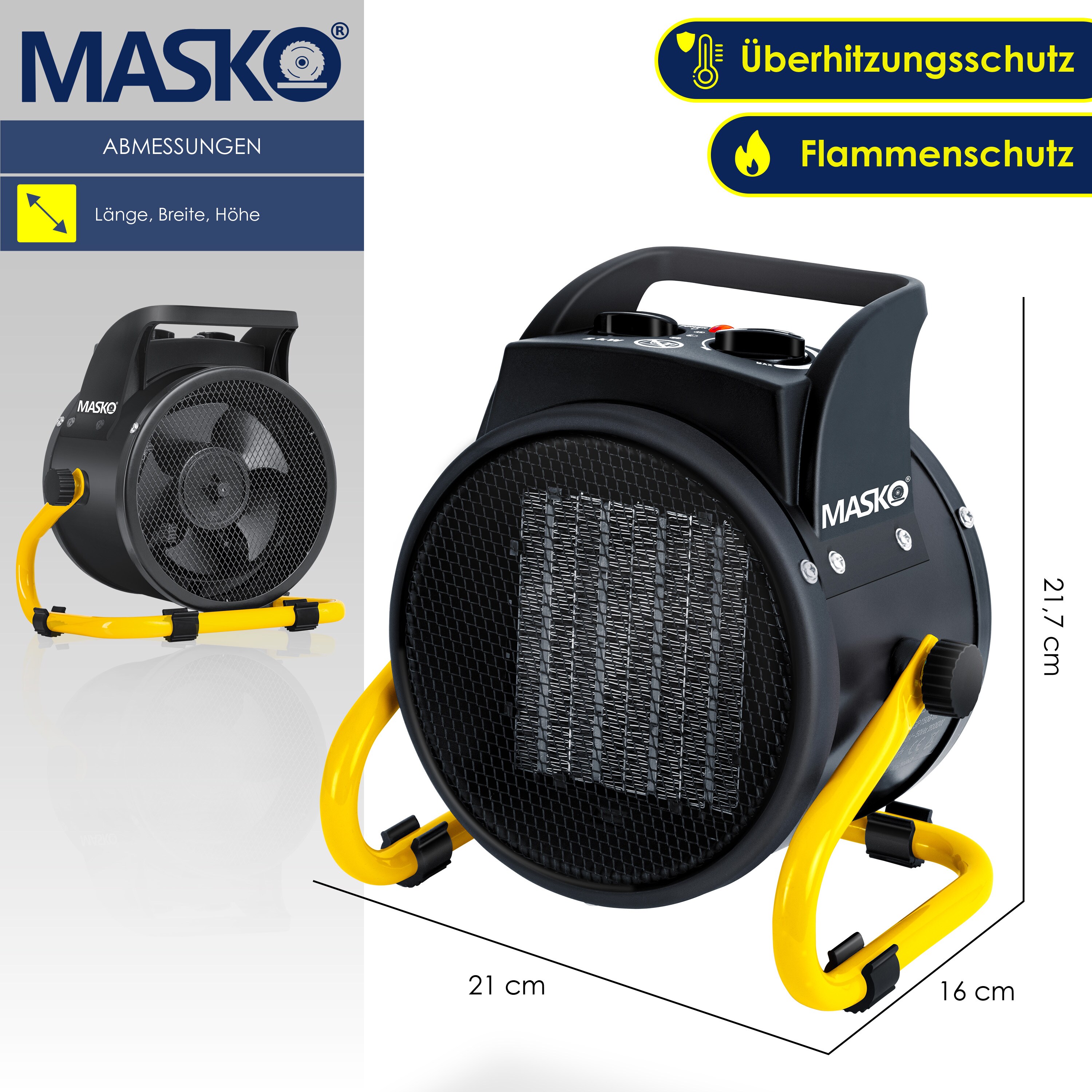 MASKO® Elektroheizer Heizlüfter Bauheizer Keramik Heizstrahler elektrisch Heizgerät mit Thermostat Elektroheizer mit 3 Heizstufen, Heizgebläse für Innen- und Außeneinsatz