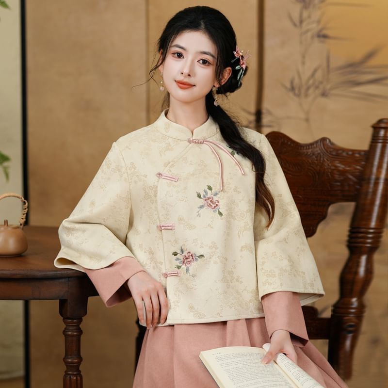 CosmoCorner - Traditionele Chinese top met lange mouwen, opstaande kraag, nep-tweedelig bloemenborduurwerk en kikkermotief, knoopsluiting / hoge taille, effen midi-A-lijn rok