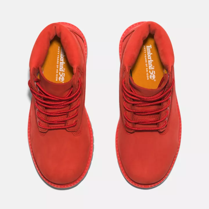 Bota Timberland Premium de 6 polegadas impermeável, edição 50, para jovens, na cor vermelha.