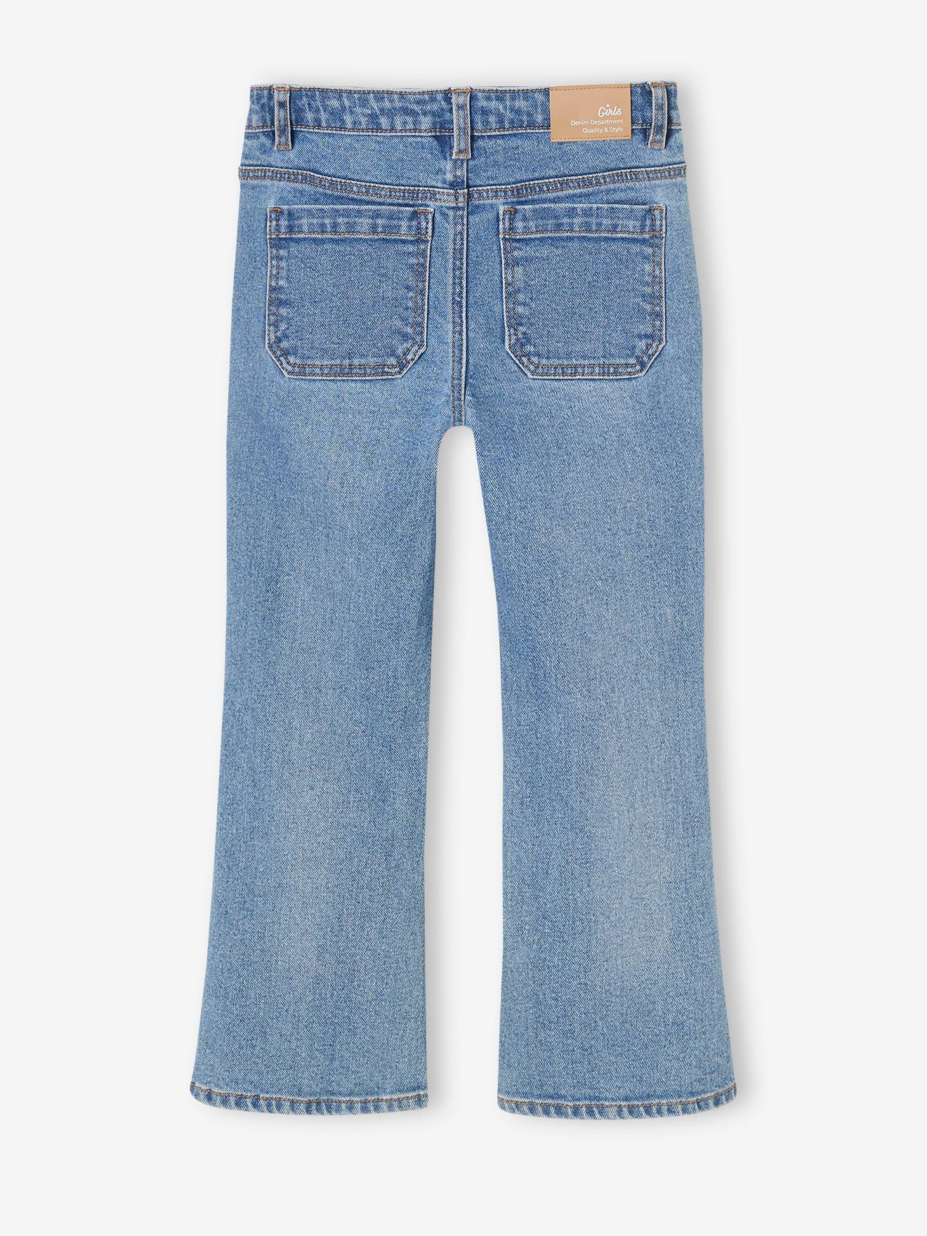 Calça jeans azul boca de sino estilo pirata para meninas
