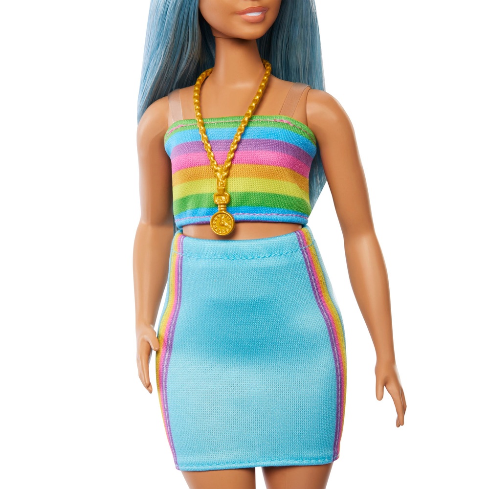 Barbie Fashionista Puppe 218 mit blauen Haaren und Regenbogenoberteil
