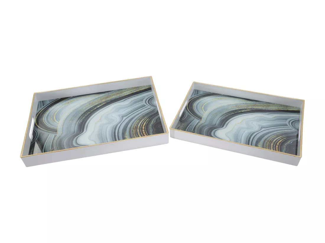 Lot de 2 supports en résine et verre blanc 40x30x4-35x25x3,5 cm