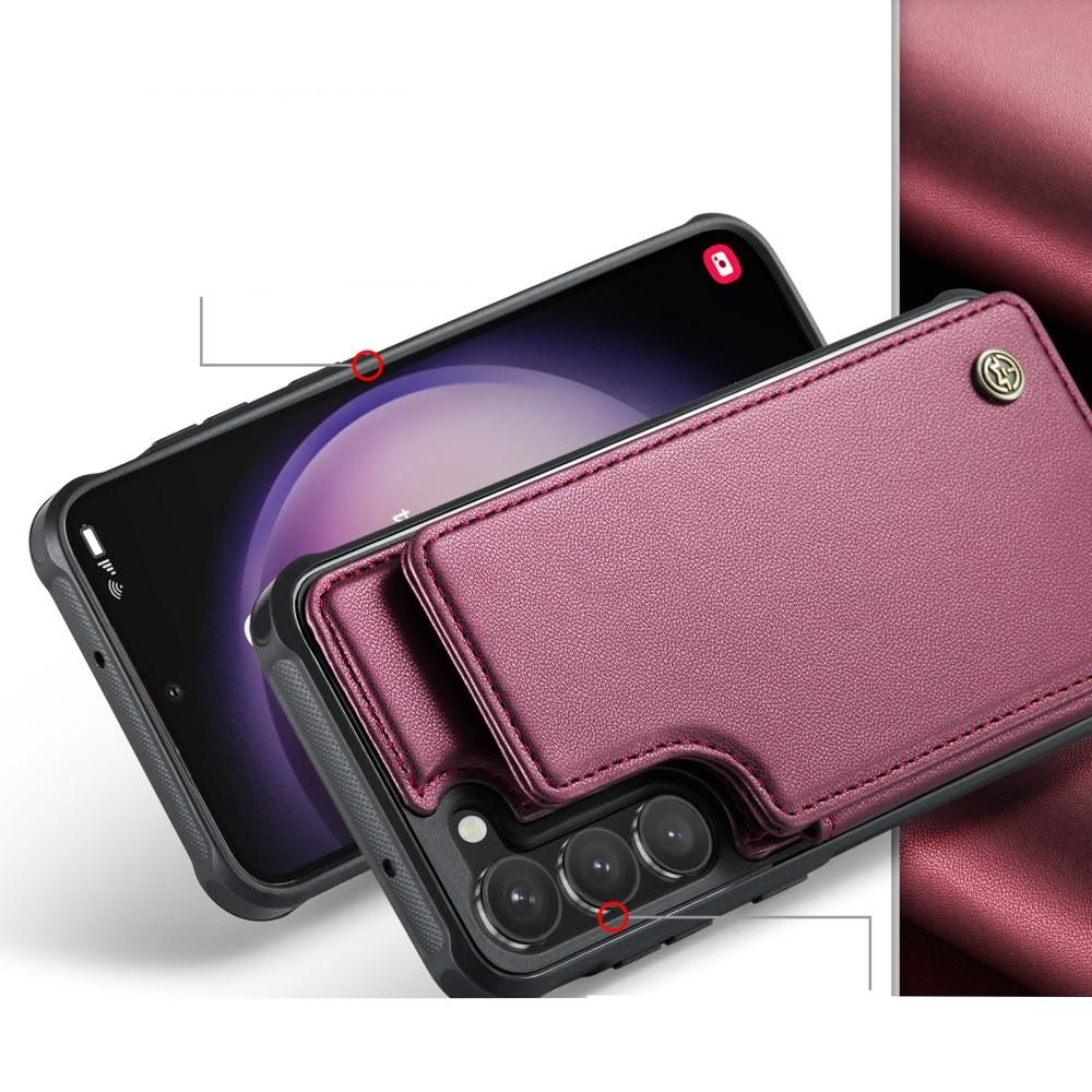 Samsung Galaxy S23 5G Leder Hülle mit Kartenfächern im Litchi Look   Kickstand (RFID Schutz) - Rot