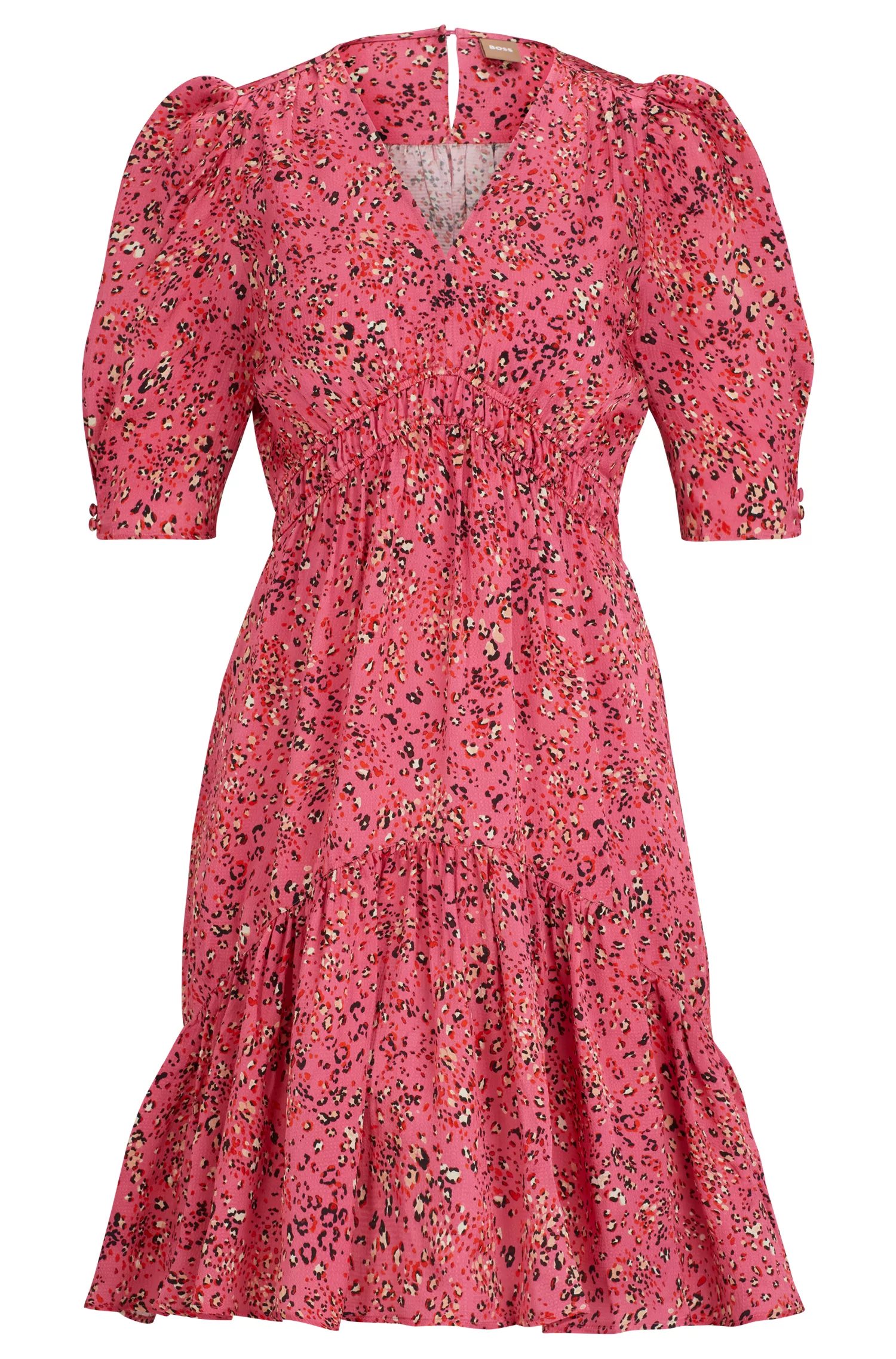 Vestido BOSS preto de mangas bufantes e modelagem regular com estampa floral.