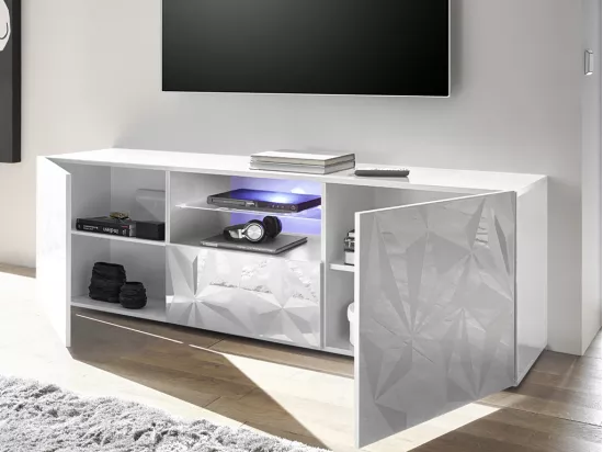 Meuble TV ERIS - LEDs - 2 portes & 1 tiroir - Blanc laqué