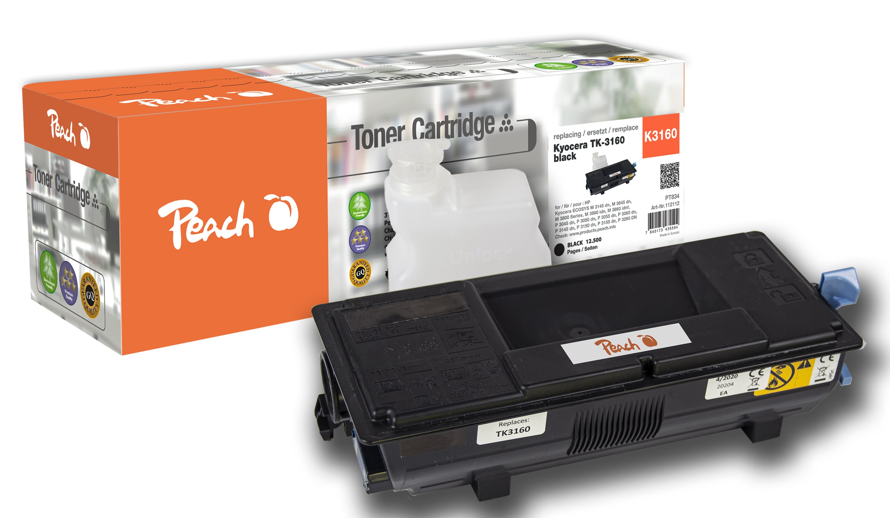 Peach K3160Toner bk ersetzt Kyocera TK-3160, 1T02R90NL1 für z.B. Kyocera ECOSYS P 3060 dn, Kyocera ECOSYS M 3145 dn, Kyocera ECOSYS M 3645 dn (wiederaufbereitet)