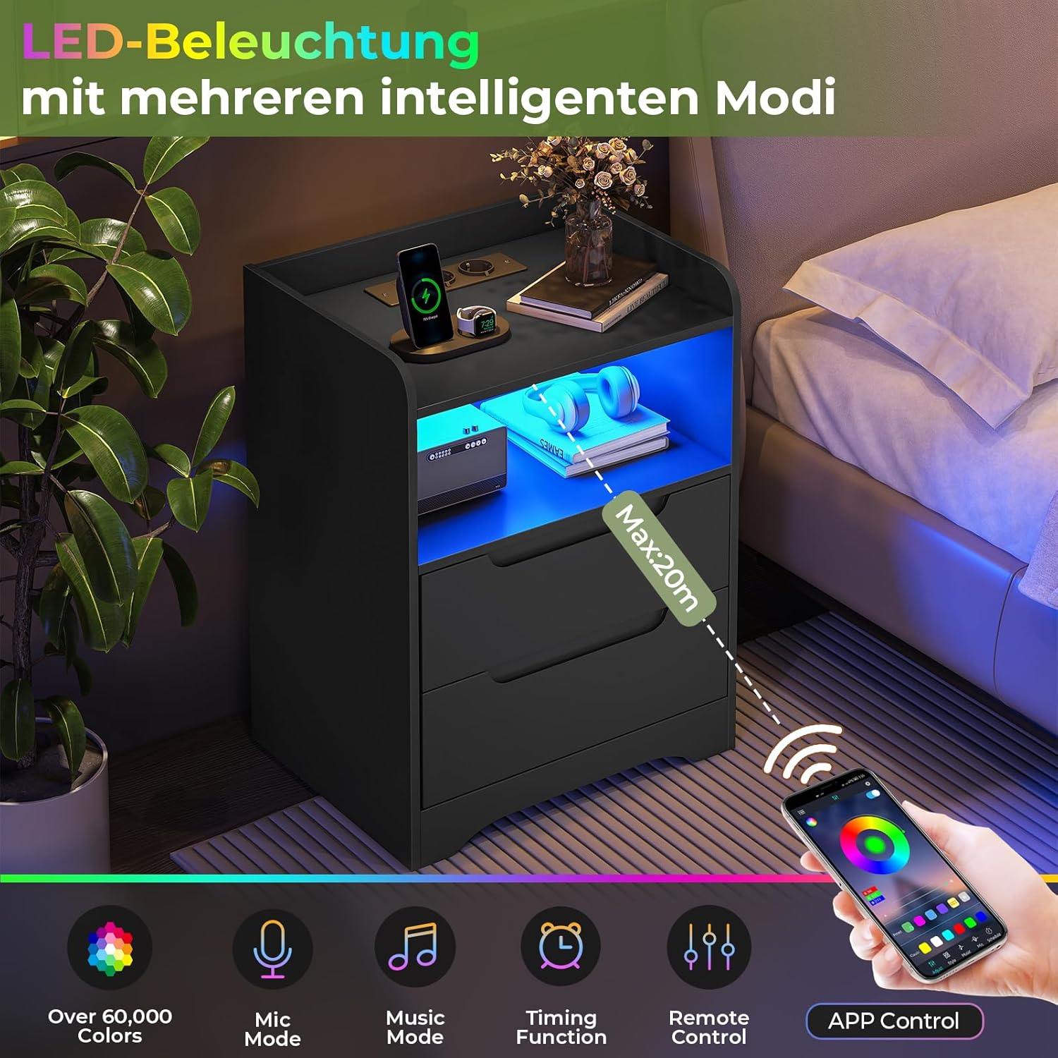 Nachttisch 2er Set Nachttische mit Ladefunktion und LED-Licht Nachtschrank 2er Set mit 2 Schubladen Nachttisch Schwarz Beistelltisch Schwarz Couchtisch Sofatisch für Schlafzimmer, Wohnzimmer