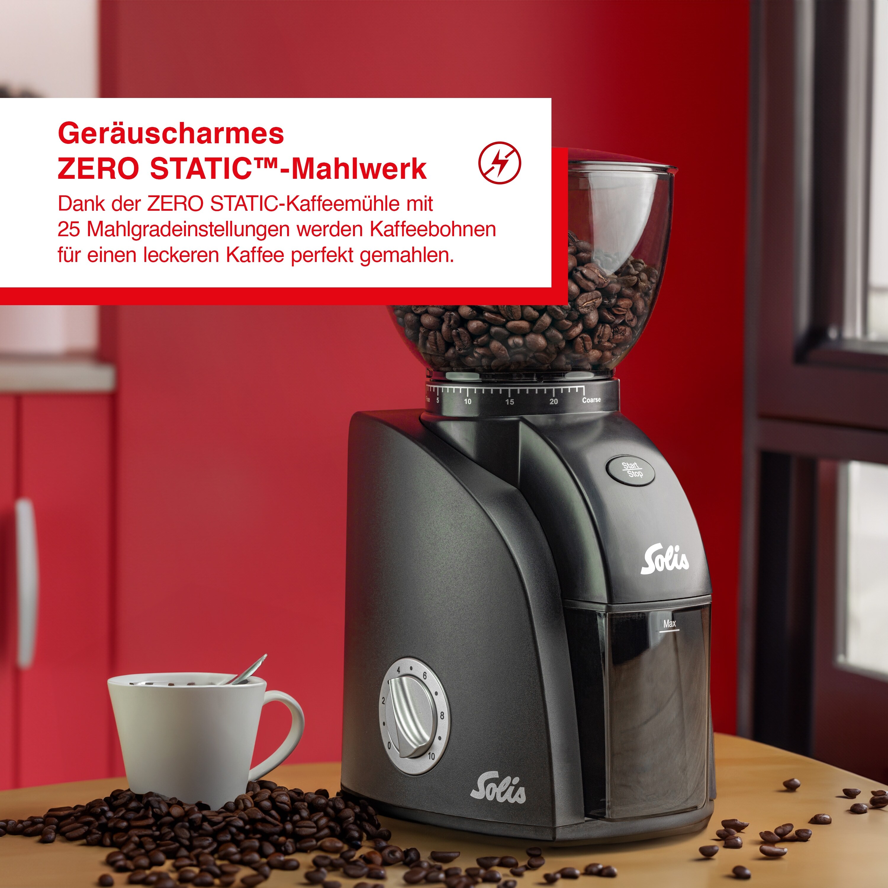 Solis Kaffeemahlwerk, 300g Kapazität 24 Mahlgrade, Timer, Garben
