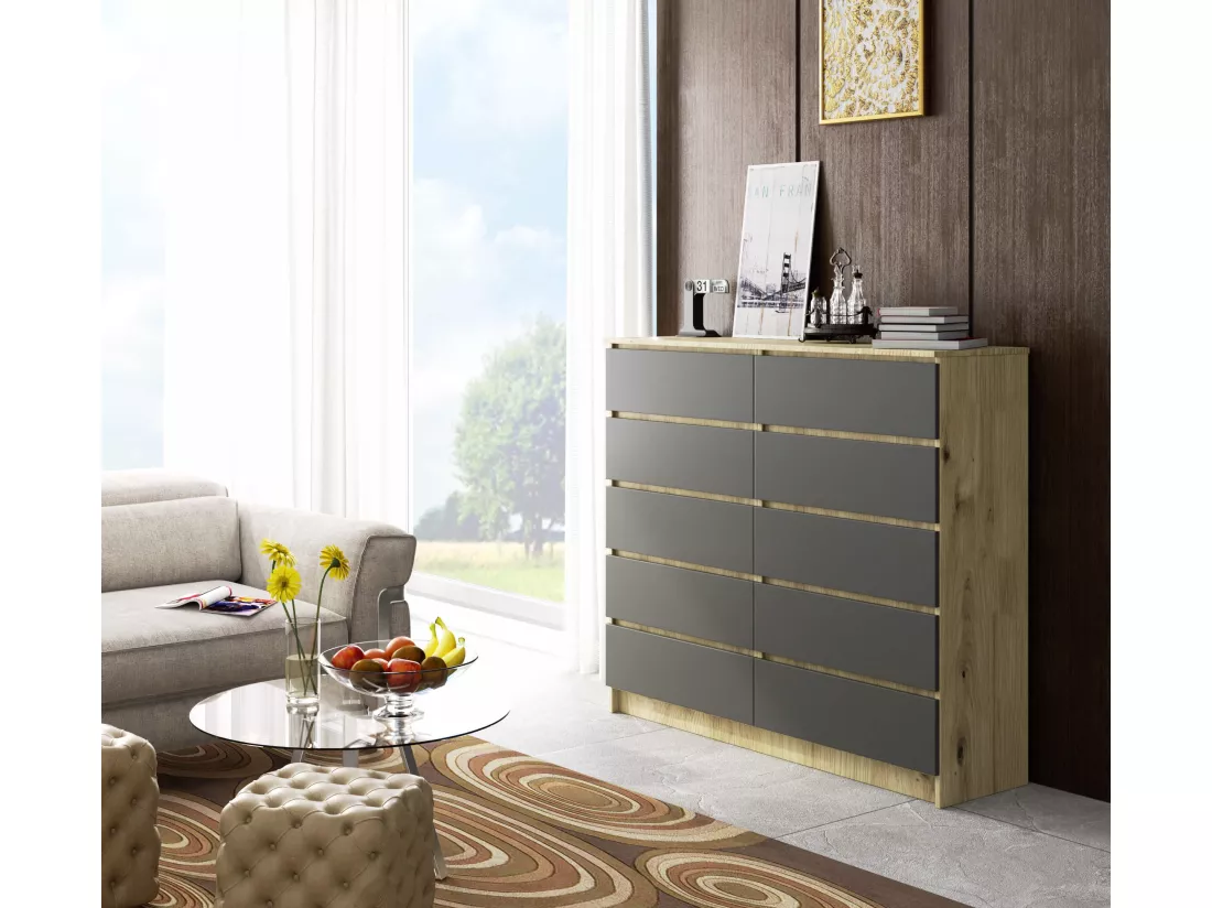 Commode AKORD K140 Chêne Artisan 138 cm 10 tiroirs façade Gris Graphite 138x40x121 cm