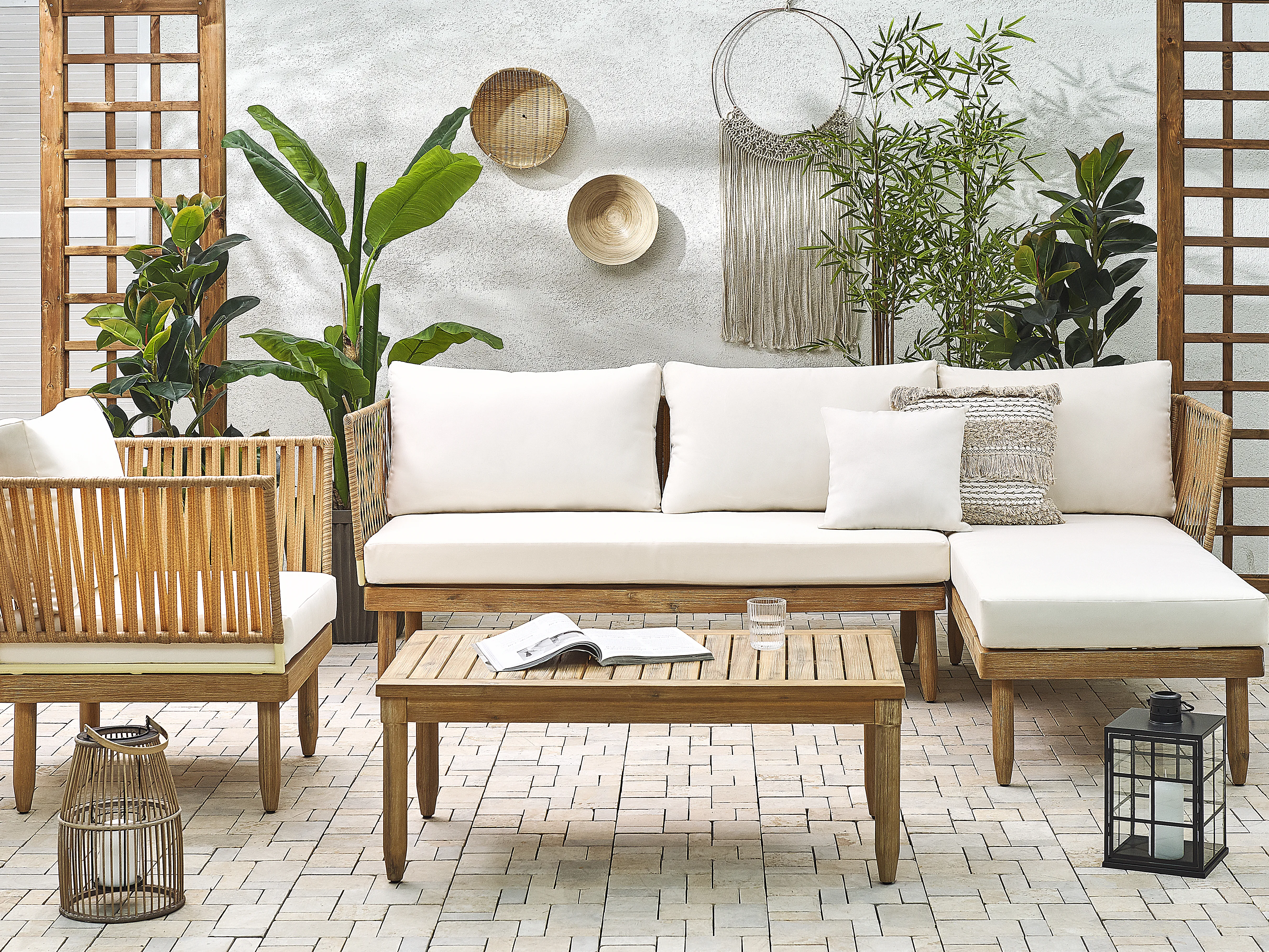 Loungeset met tafel 4-zits CREMONA linkszijdig Acaciahout Gebroken wit