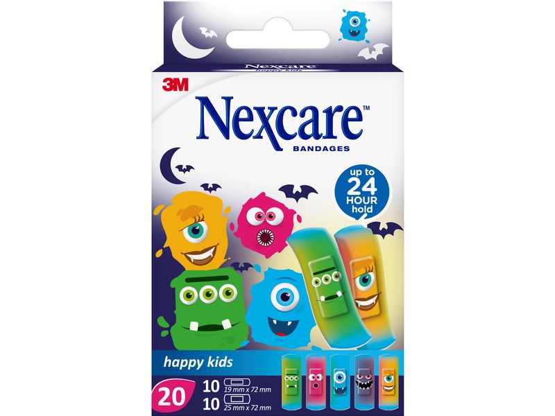 3M Nexcare Kinderpflaster Happy Kids Monsters 2 Grössen, 20 Bunte Wundpflaster für Kinder