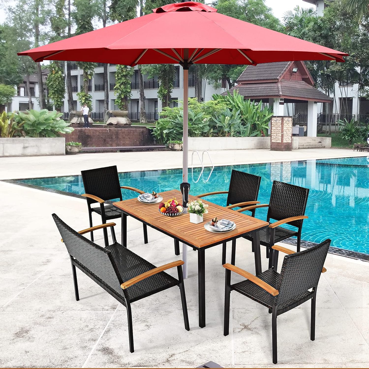 COSTWAY Gartentisch mit Schirmloch, 140x75x76cm, Esstisch für 6-8 Personen, Terrassentisch mit Tischplatte aus Akazienholz, rechteckiger Holztisch mit Metallrahmen