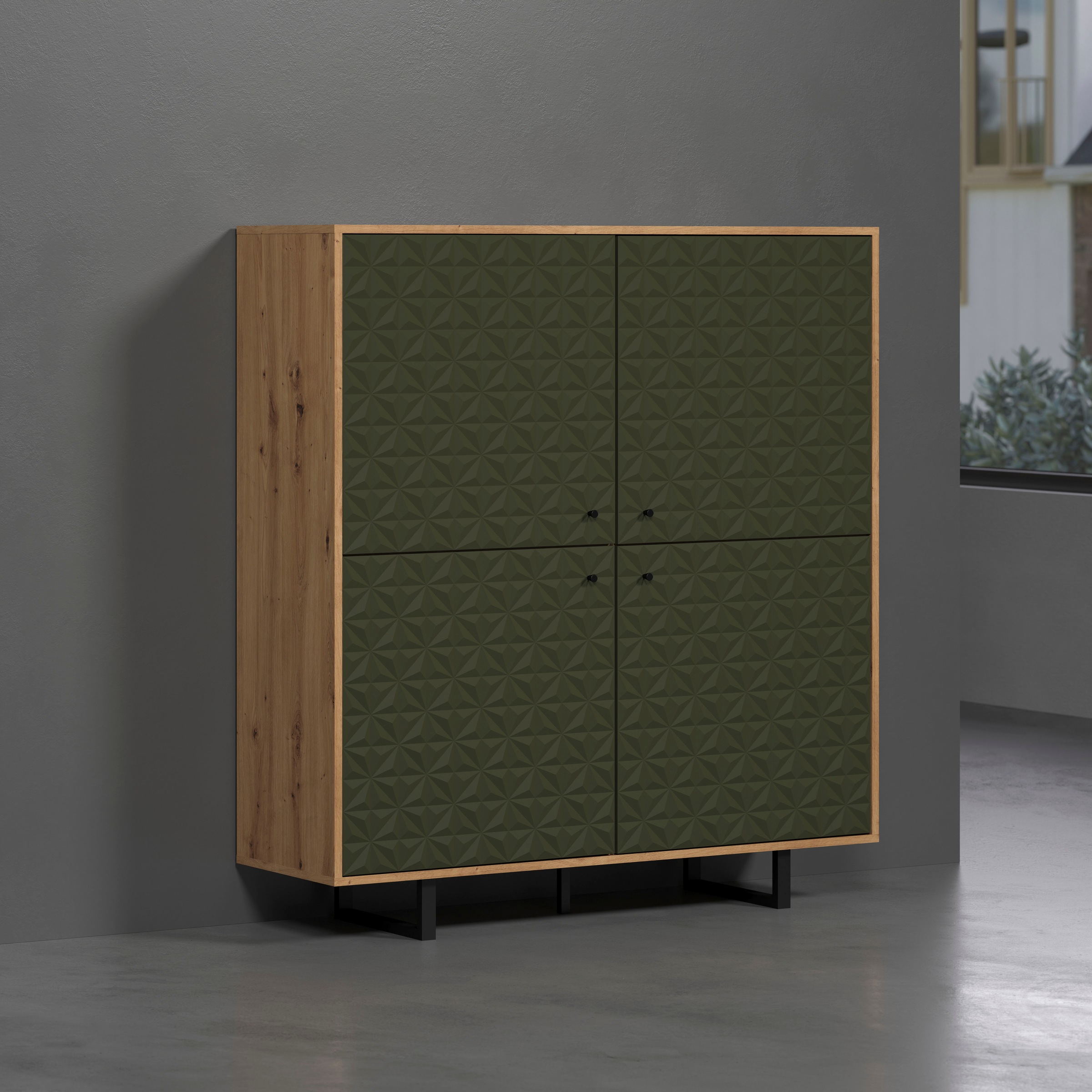 PLACES OF STYLE Highboard »Ferretti« Sideboard mit besonderer Fräsung - Füsse und Griffe aus Metall