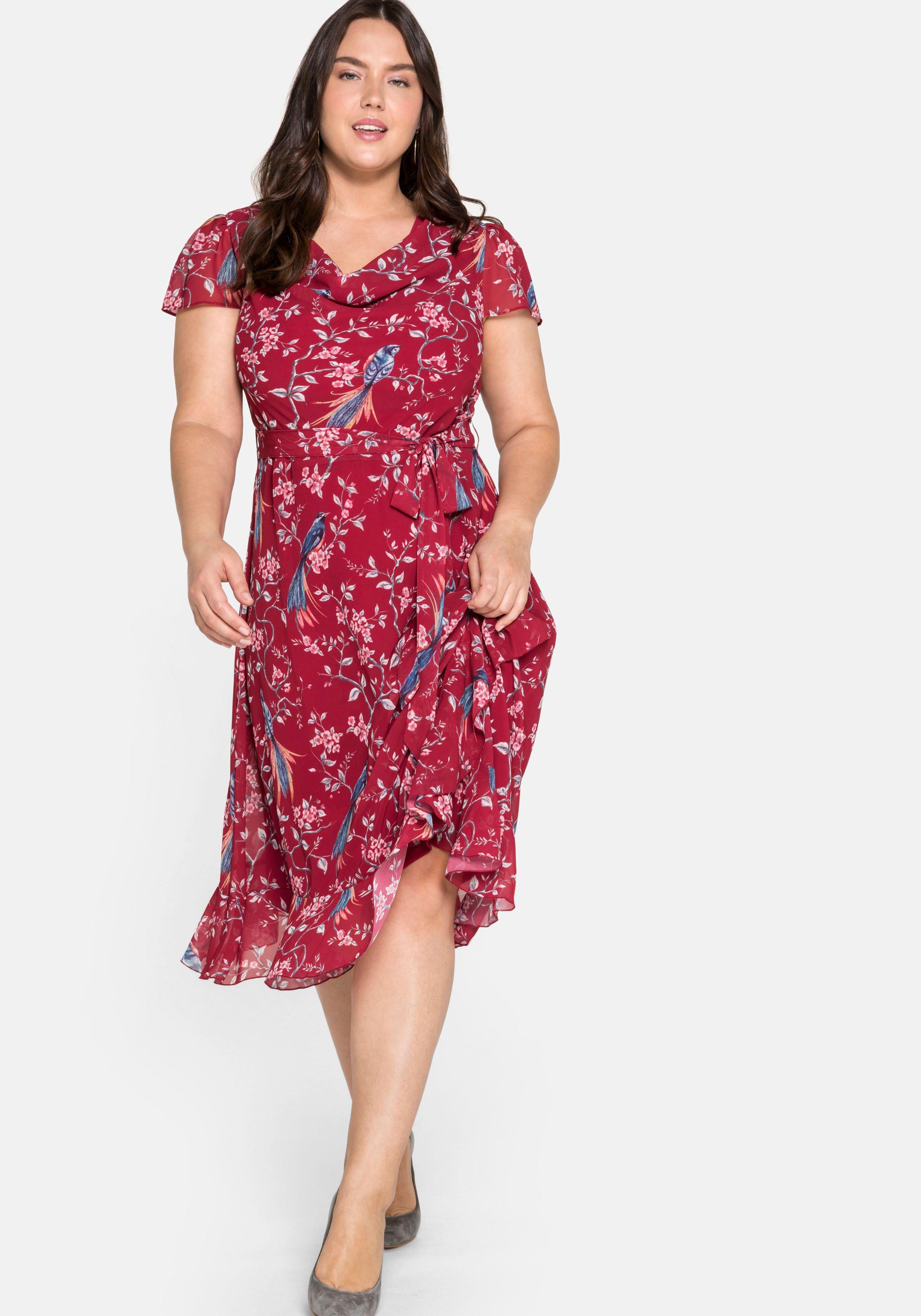 Chiffonkleid mit Blumenprint und Wasserfallkragen