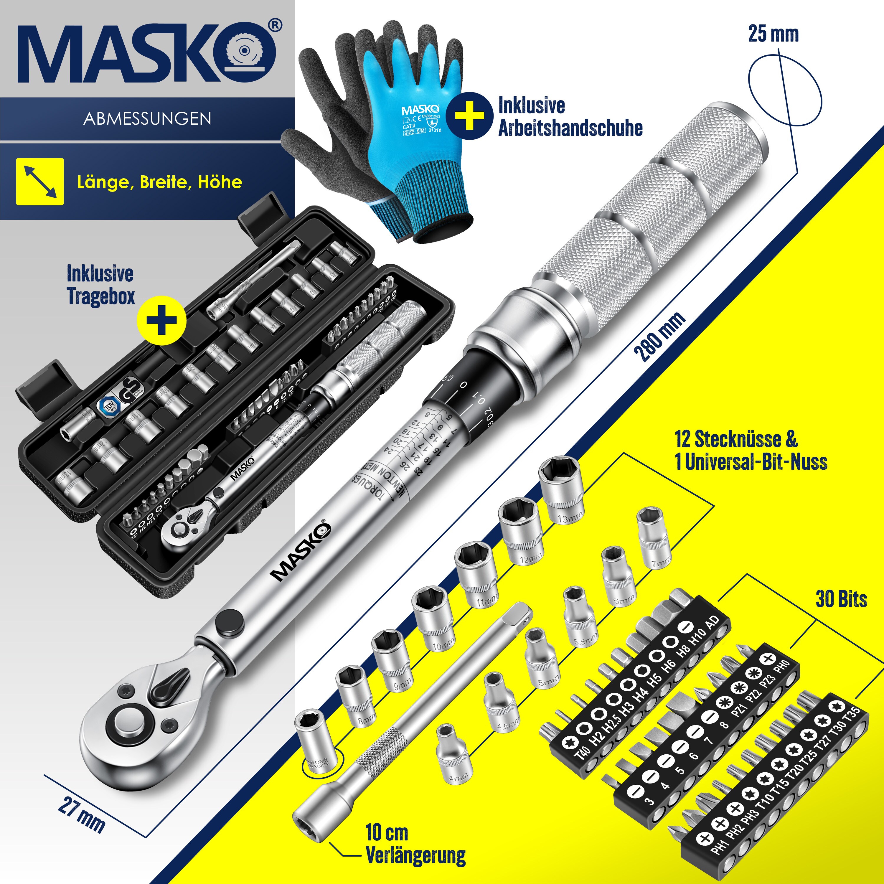 MASKO® Drehmomentschlüssel 45-tlg. Set Auto, Fahrrad & Motorrad 1/4 Zoll 5-25Nm inkl. Handschuhe, Magnetische Zündkerzenhülse Stecknüsse mit Verlängerungsstange 100mm +/- 4% Toleranz Reifenschlüsse
