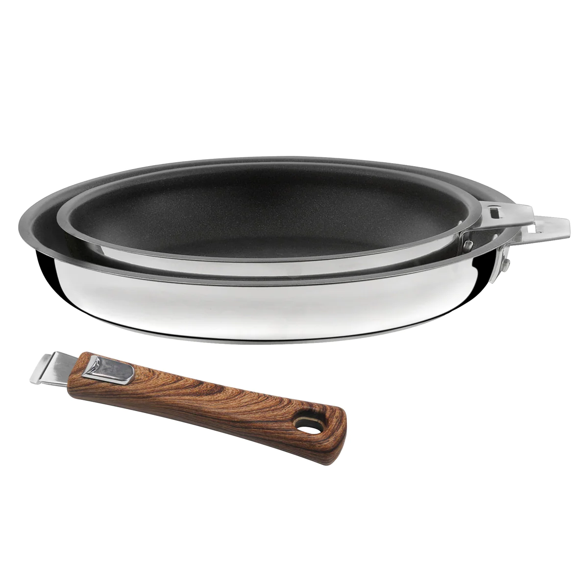 Malice - Série de 2 poêles 20/24cm inox revêtu avec poignée effet bois