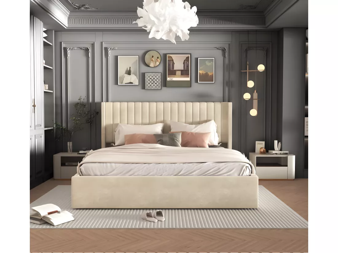 LIT DOUBLE COFFRE CAMILLE VELOURS BEIGE 160X200CM