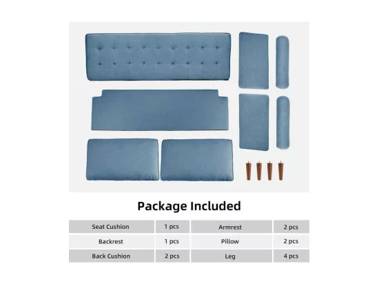 Canapé 3 places en tissu Lin bleu - Scandinave - avec 2 Oreillers et Accoudoirs - Pieds bois massif - 173x77x84cm