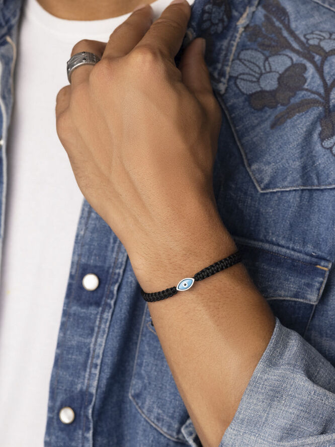 Nialaya Men's Black String Bracelet with Stainless Steel Evil Eye Black