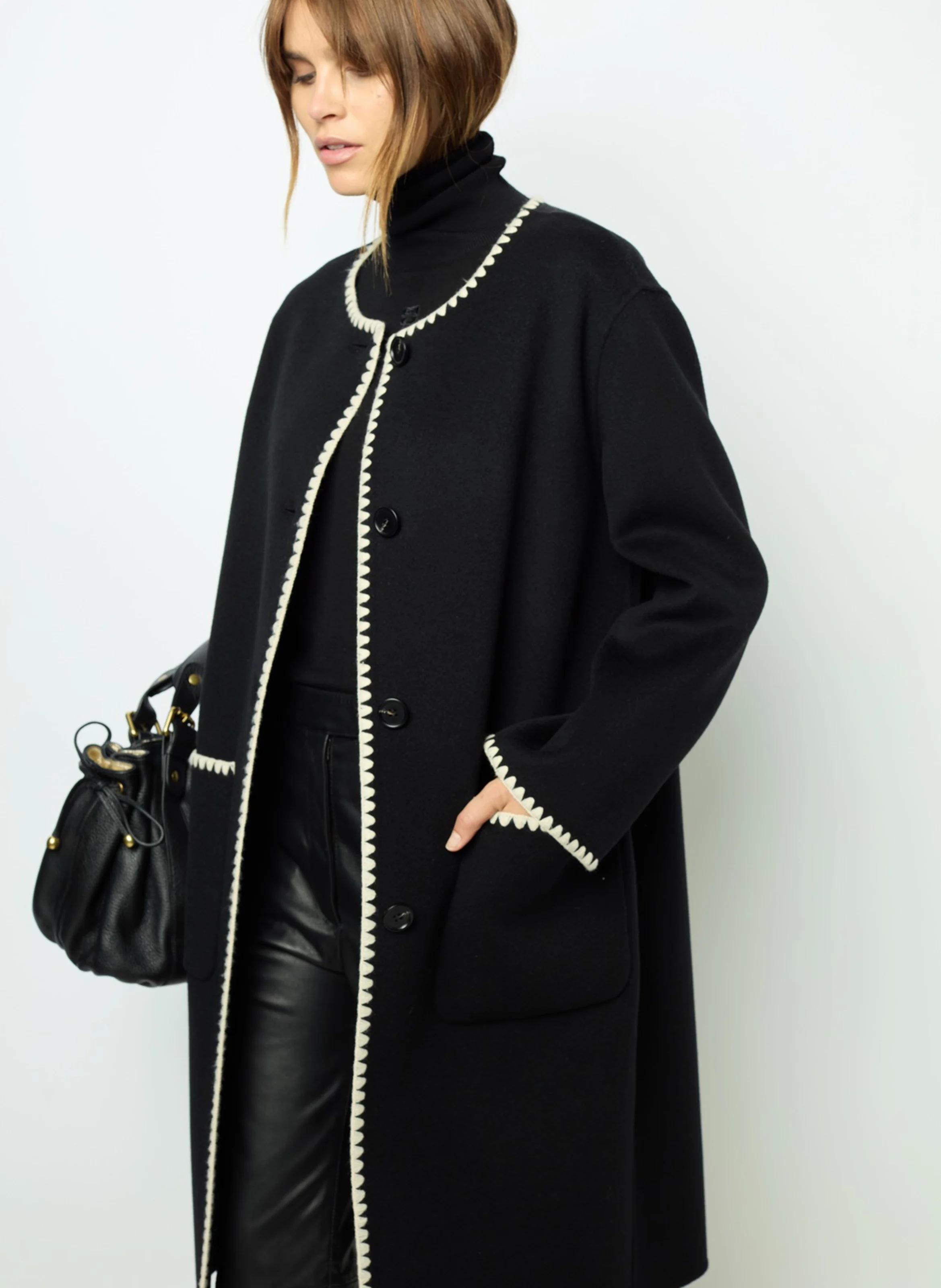 LILIA - Manteau col rond en laine mélangée | Noir