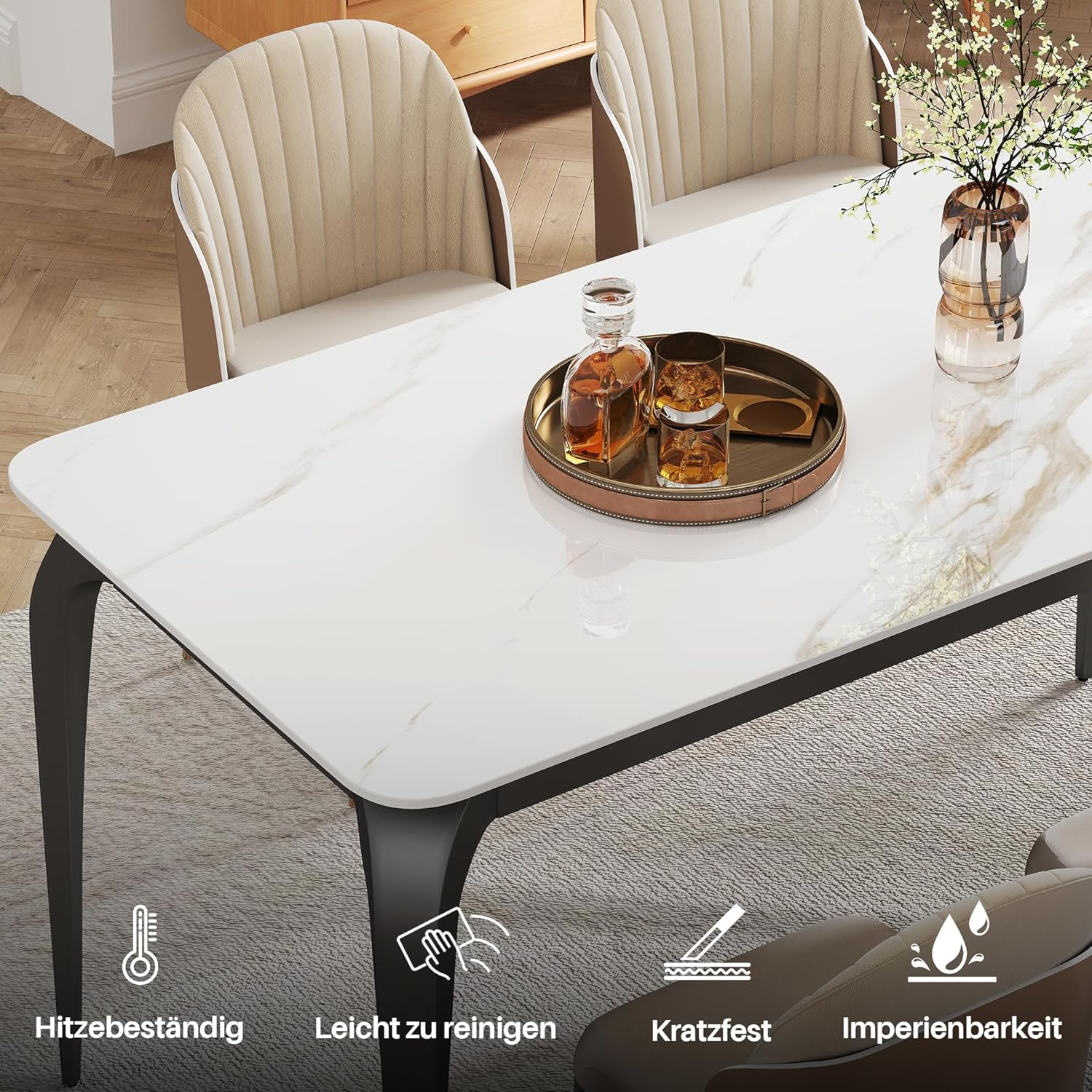 ZL ZELing Esstisch 140x70 cm, Küchentisch für 4-6 Personen, Keramik Esszimmertisch modern, Sinterstein, weiß, Kratzfest, Abriebfest, pflegeleicht, für Wohnzimmer, Küche, Schreibtisch