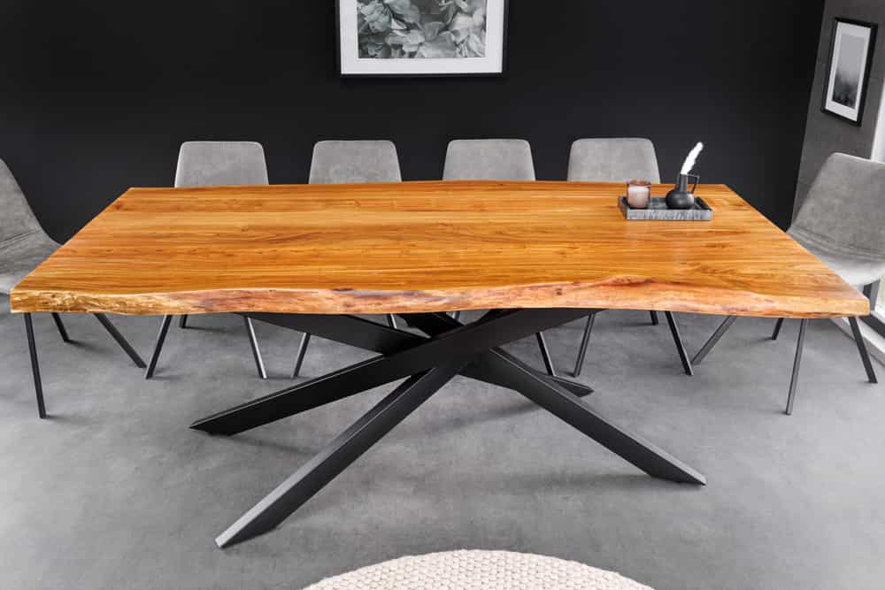 Massivholz Esstisch MAMMUT 200cm Akazie schwarz Metall Baumkante 6cm Tischplatte