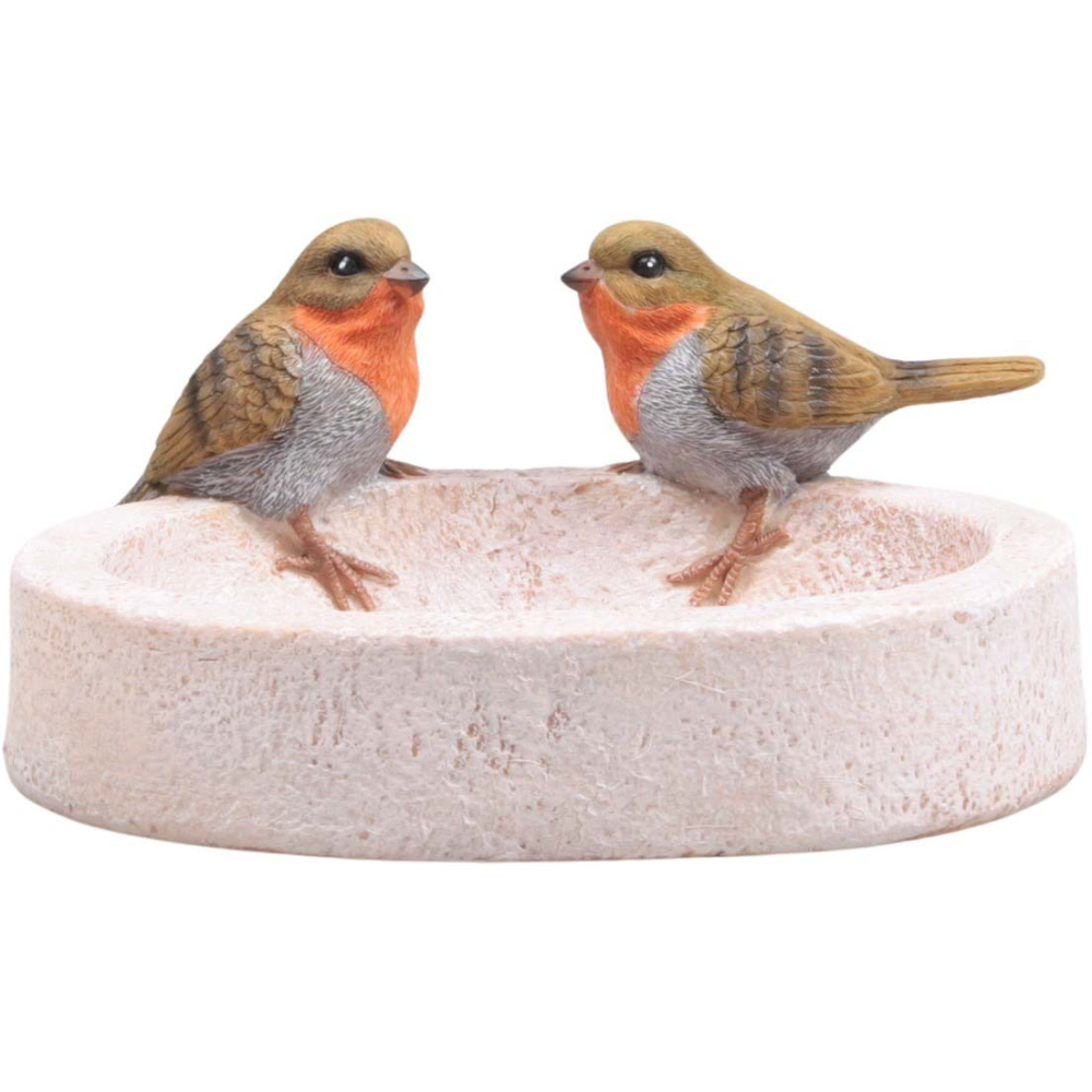 Bain oiseau en résine avec oiseaux 20 x 15 x 10.5 cm rouge gorge
