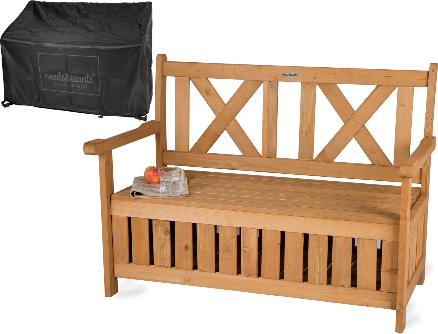 needs&wants® Weerbestendige houten tuinbank met opbergruimte en hoes, 2-zitskistbank, klassieke houten bank, parkbank, massief houten tuinbank met opbergkist, natuurlijk hout, donkerbruin
