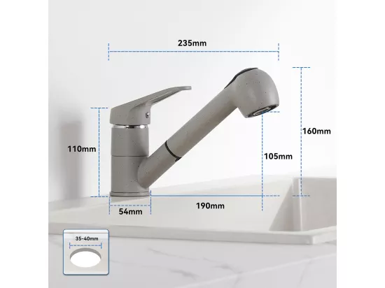 Mitigeur Cuisine Douchette, Robinet Cuisine Douchette Extractible avec 2 Modes de Pulvérisation, Rotatif à 360°, Froid & Chaud, Gris Granit