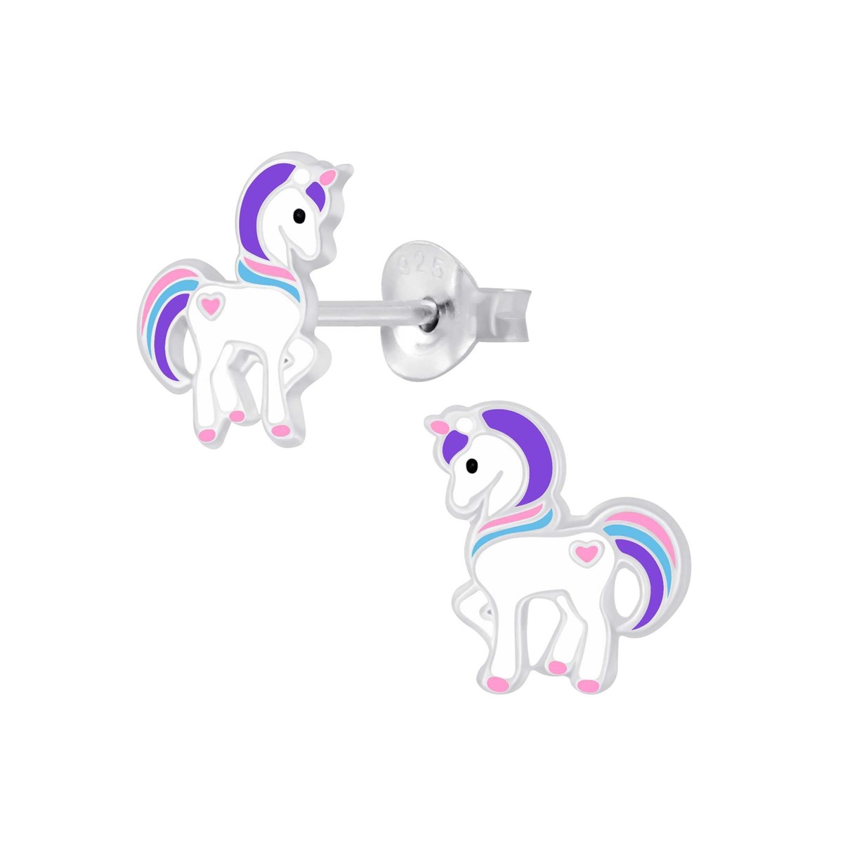 Boucle d'oreille cheval rose et violet en argent 925/1000