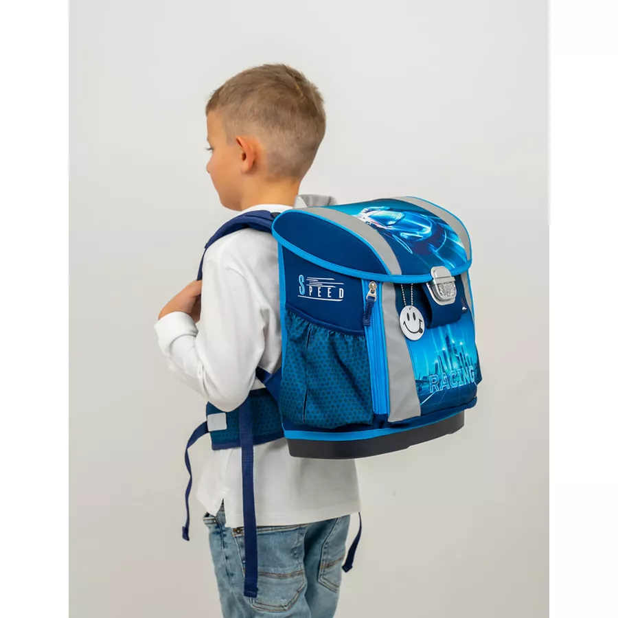 Belmil Schulranzen Customize-me Schulranzen Set 4-teilig mit Brustgurt, Hüftgurt Racing Blue Neon