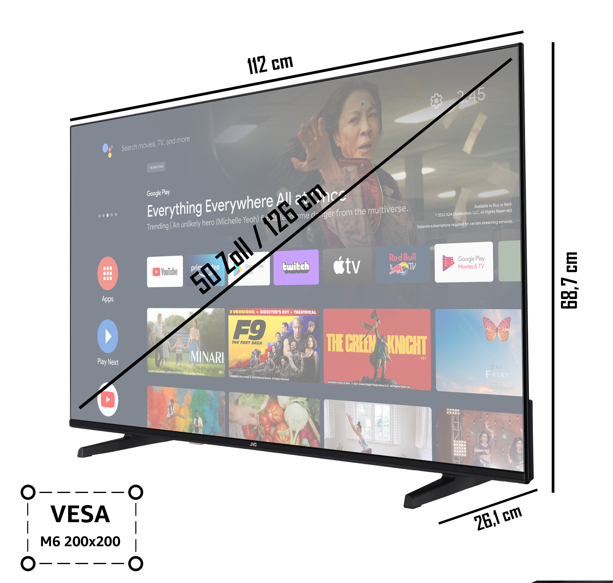JVC LT-50VA3355 50 Zoll Fernseher/Android Smart TV (4K Ultra HD, HDR Dolby Vision, Triple-Tuner, Dolby Atmos)