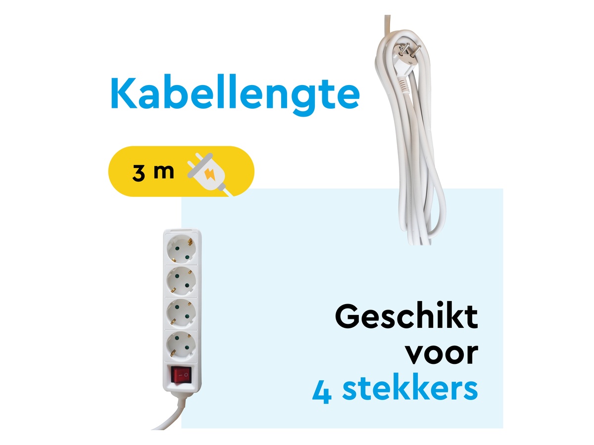 BRASQ 3 meter 4-voudige stekkerdoos met schakelaar - White