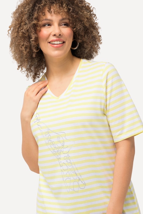 Shirt, Ringel, Metallic-Tier, V-Ausschnitt, Halbarm