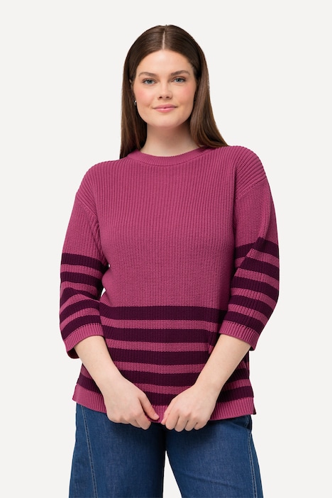 Pullover, Streifen, Boxy, Rundhals, 3/4-Arm, Biobaumwolle