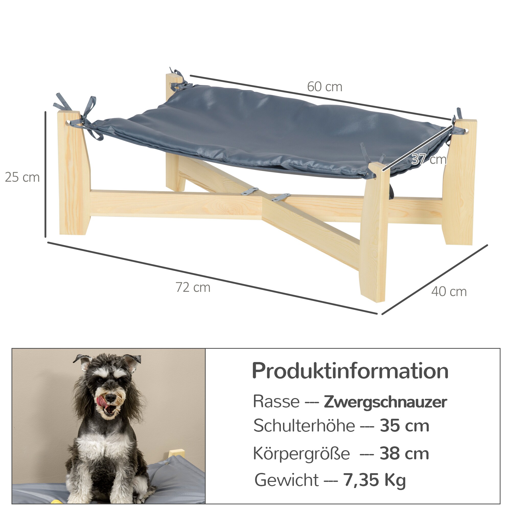 PawHut Haustierbett mit Kissen grau, natur 72L x 40B x 25H cm