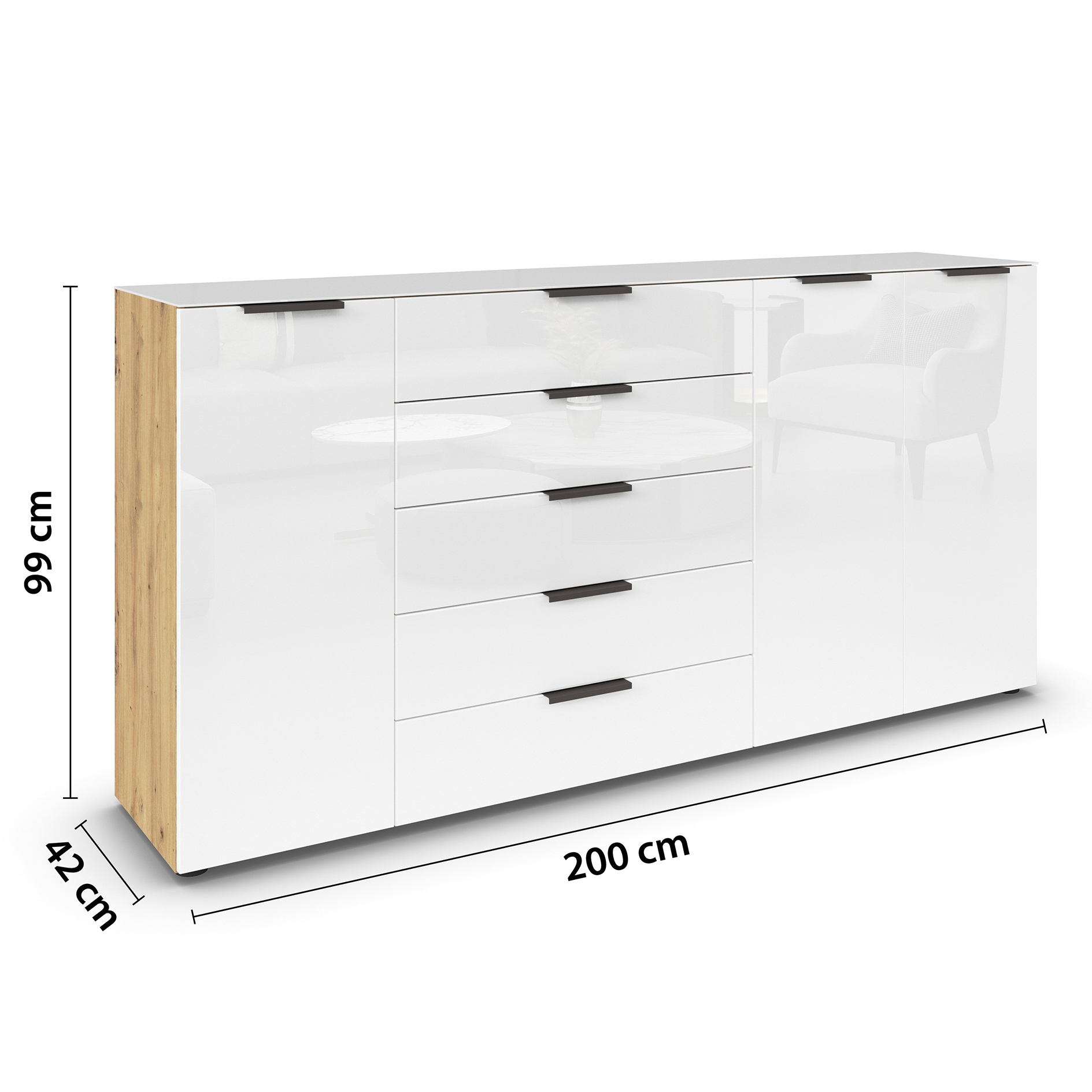 Kommode - Artisan Eiche-Kristallweißglas - Graphitgriffe - 199 cm