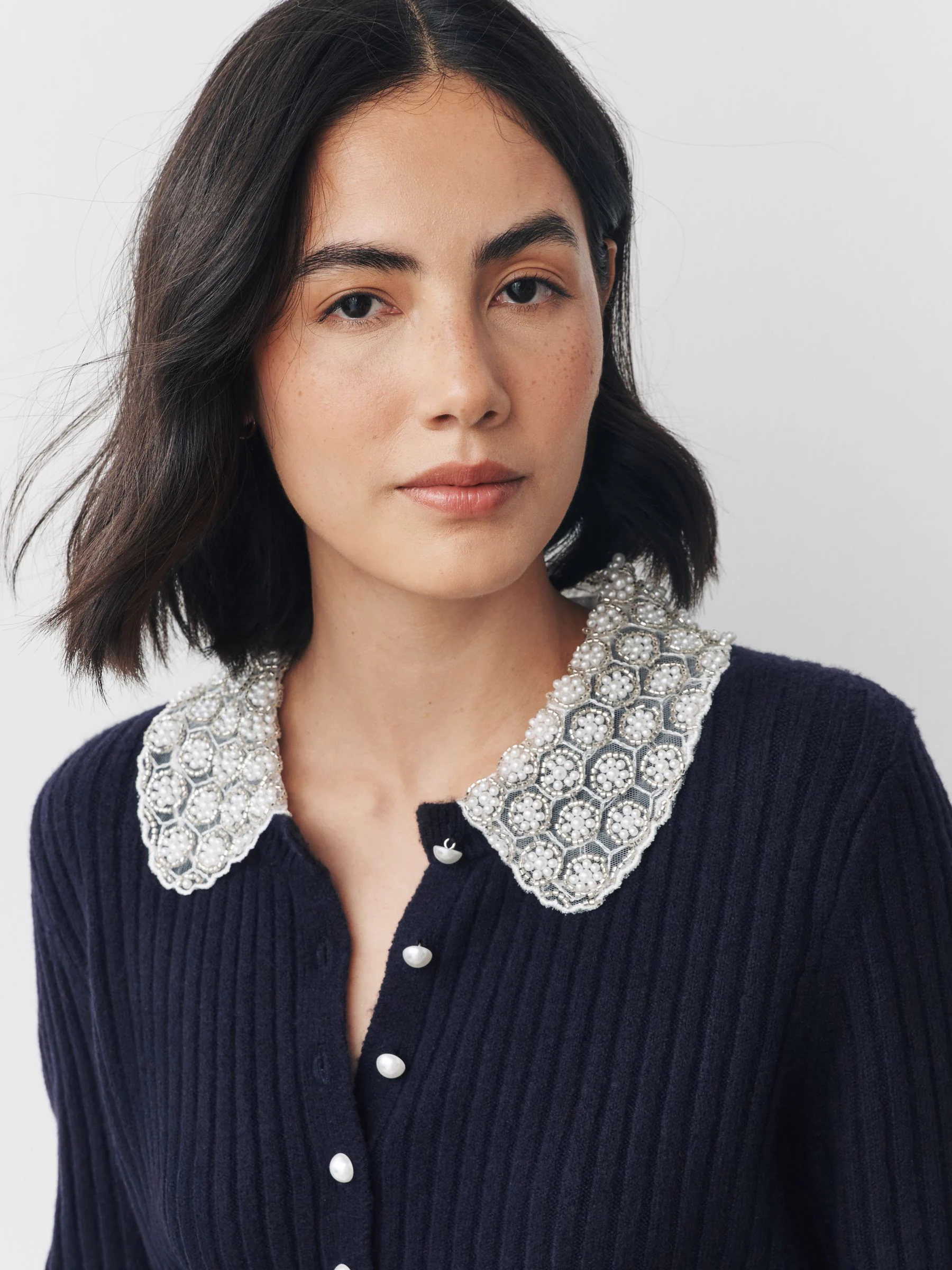 Donkerblauw - Ribbed Pearl Collar Cardigan With Wool