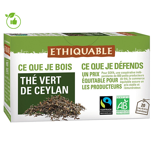 Thé Vert de Ceylan Ethiquable, 2 boîtes de 20 sachets