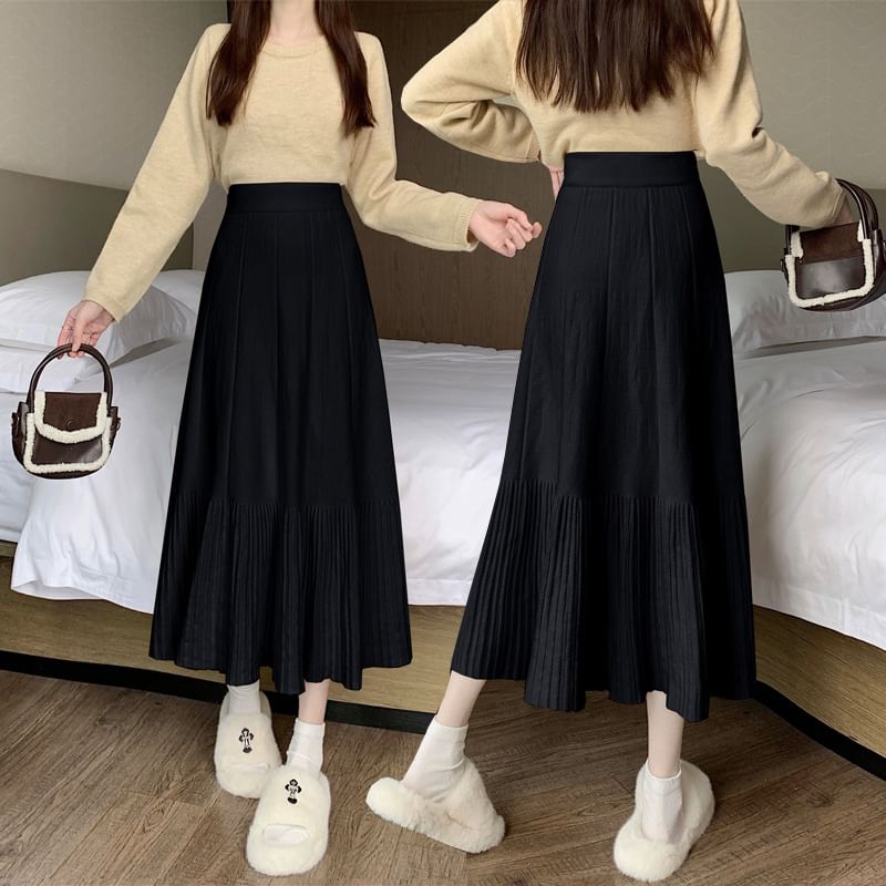 Luminato - Effen midi-A-lijn gebreide rok met elastische taille