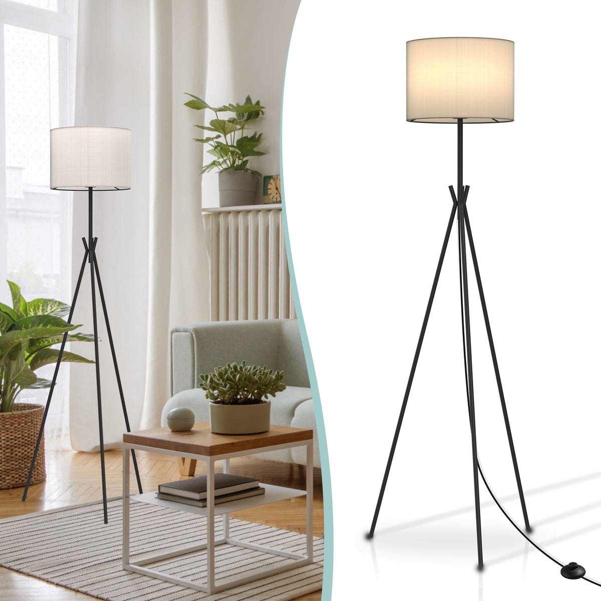 EMKE Briana vloerlamp, E27 statief vloerlamp, vintage stof, zwart, moderne design vloerlamp met voetschakelaar, woonkamerlamp, leeslamp voor kantoor